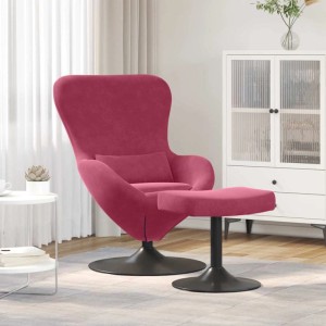 Weinroter Samt Eierstuhl mit Fußhocker auf schwarzem Metallfuß. Moderner Loungesessel mit Drehfunktion.
