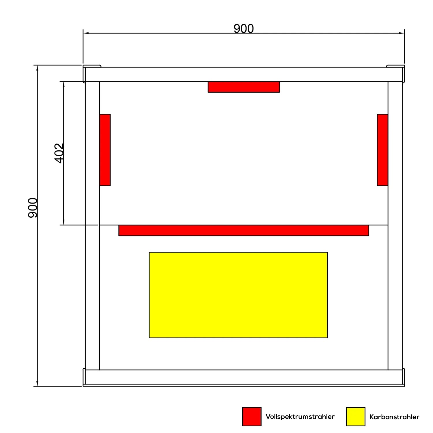 Skizze der Dewello Infrarotkabine Milton 90x90 mit Vollspektrum- und Karbonstrahler Anordnung.