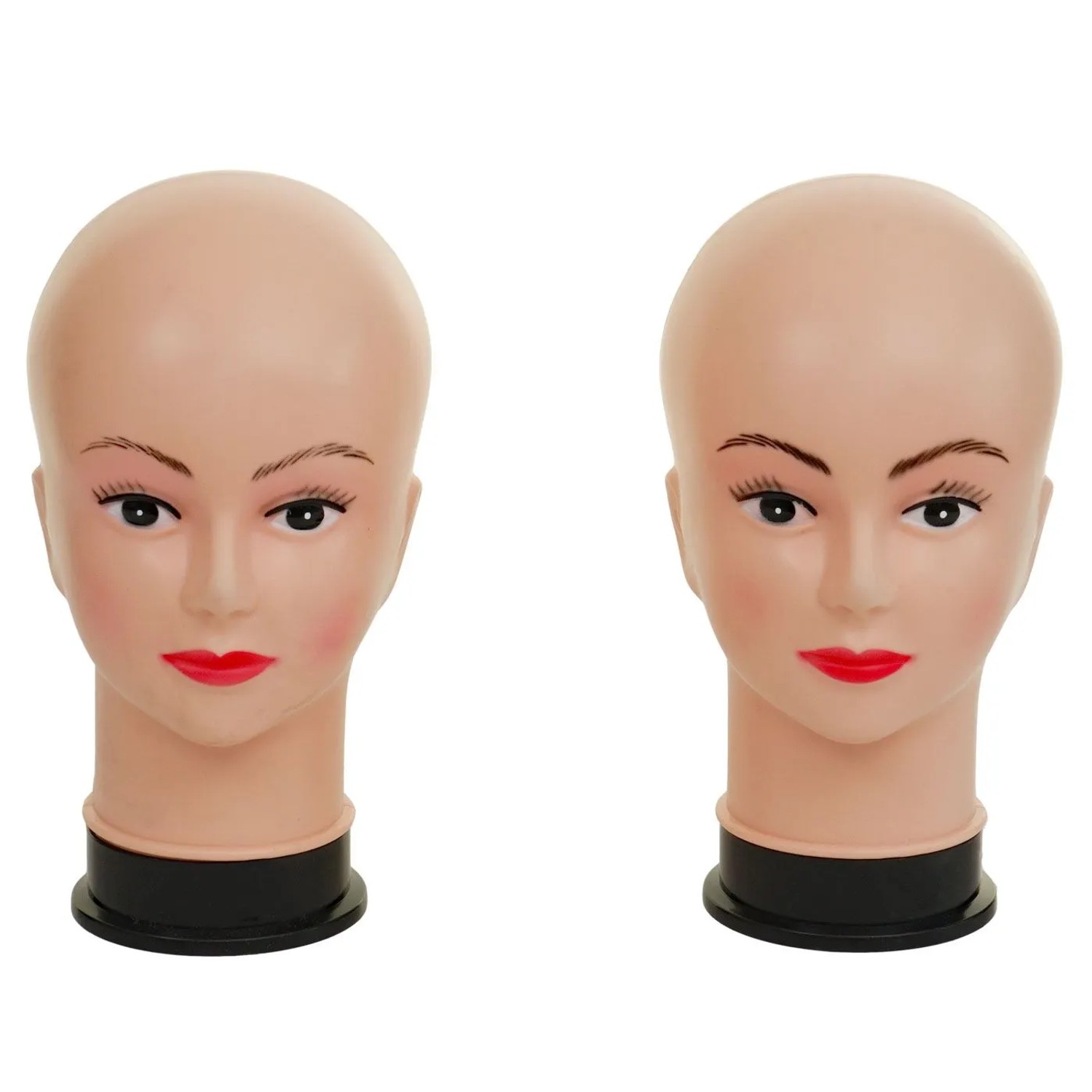 Zwei weibliche Mannequin-Köpfe aus Polypropylen, haarlos, mit geschminktem Gesicht auf schwarzem Standfuß für Perücken, Schmuck, Kopfbedeckungen.