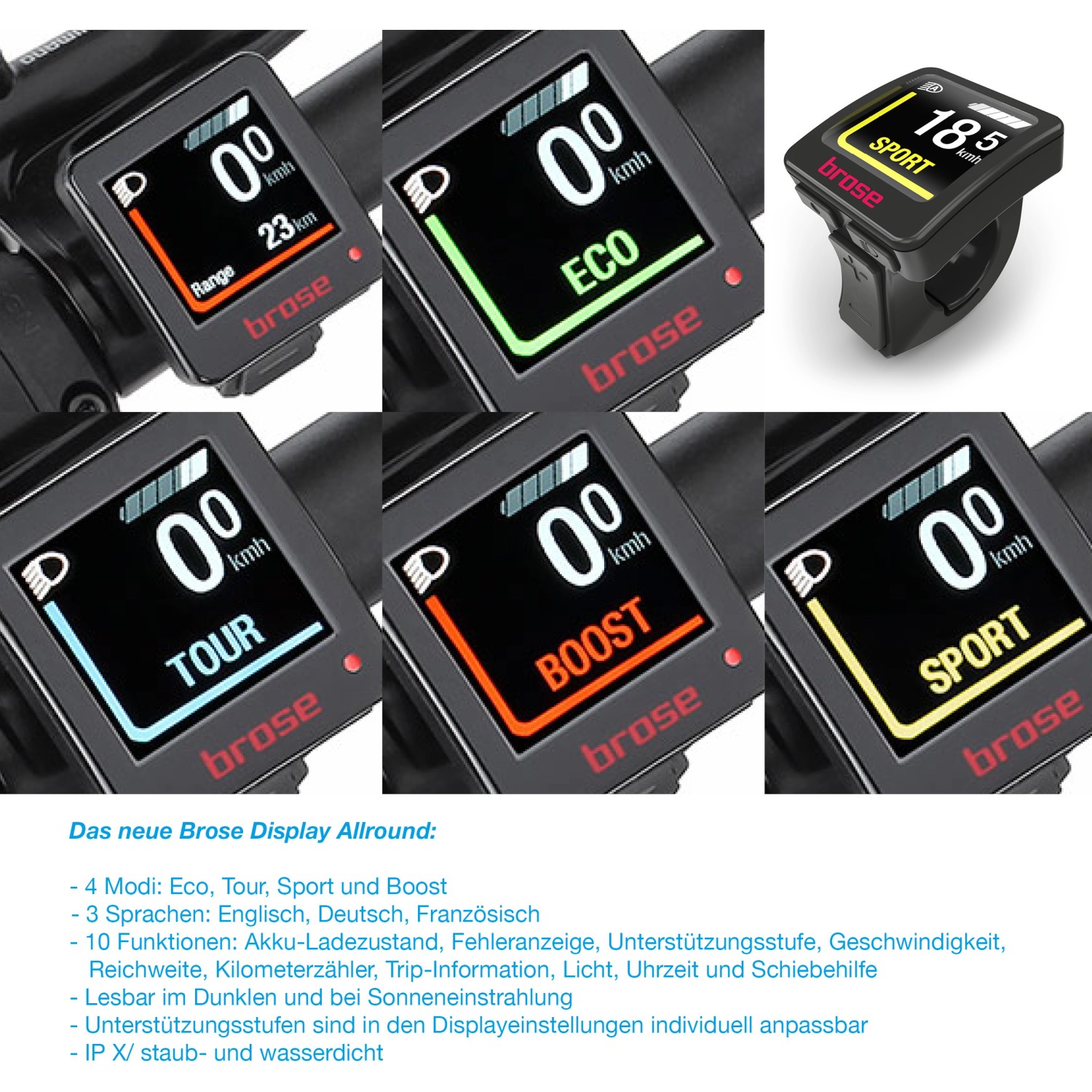 Brose Display für Fischer E-Bike Viator 5.0i mit verschiedenen Modi und Anzeigen.