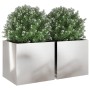 Zwei moderne, quadratische Pflanzkübel aus silbernem Edelstahl, bepflanzt mit grünen Blumen.