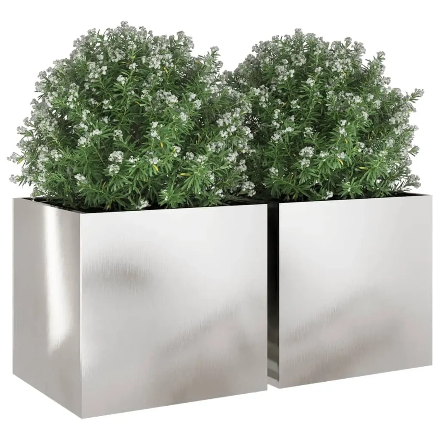 Zwei moderne, quadratische Pflanzkübel aus silbernem Edelstahl, bepflanzt mit grünen Blumen.