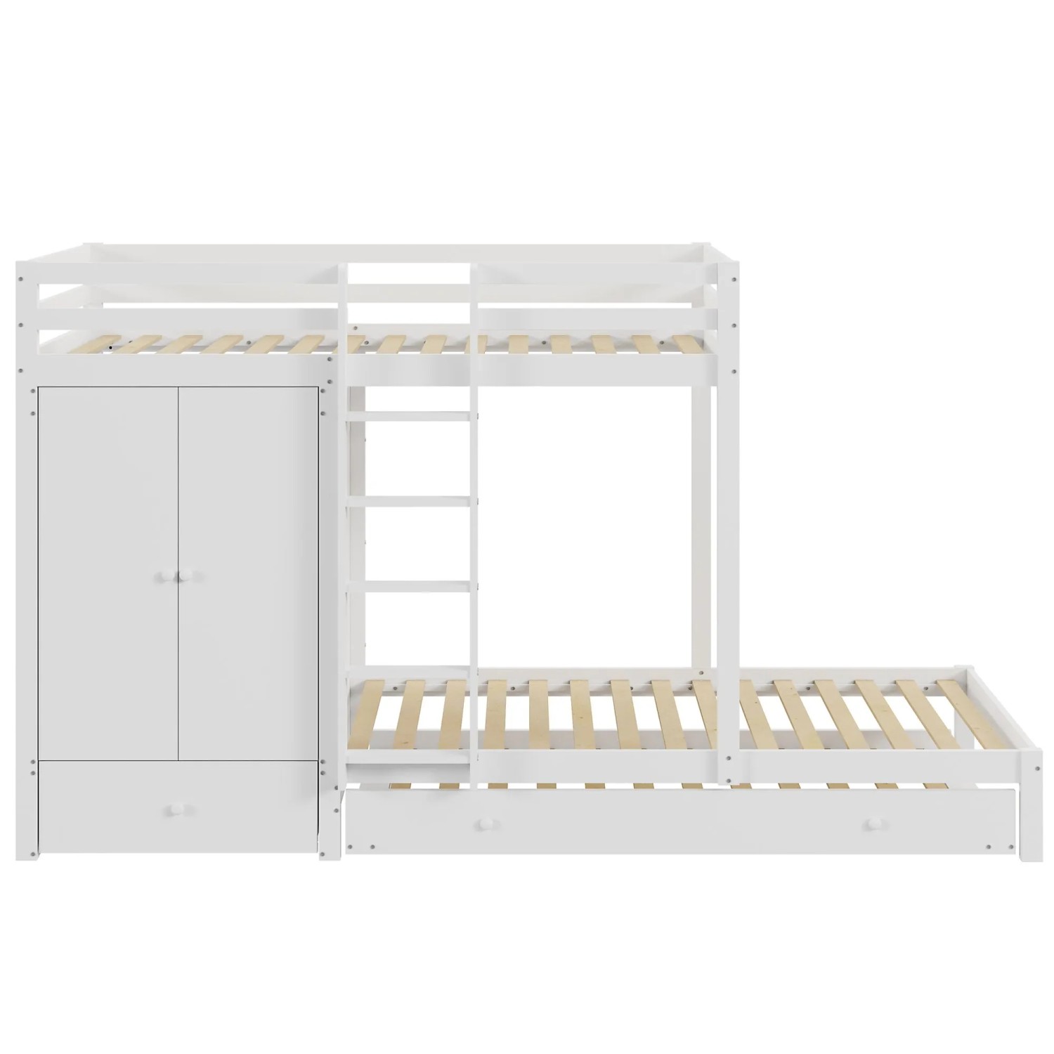 KOMHTOM Etagenbett 90 x 200 Cm  Ausziehbett  Multifunktionales Kinderbett Mit Kleiderschrank  Schubladen Und Staufach  Weiß