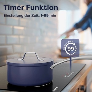 CIARRA Induktionskochfeld 60cm mit Timer-Funktion und blauem Topf auf dem Kochfeld.