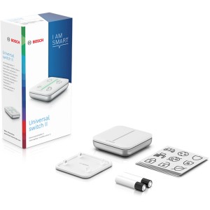 Bosch Smart Home Universalschalter II mit Zubehör und Verpackung.