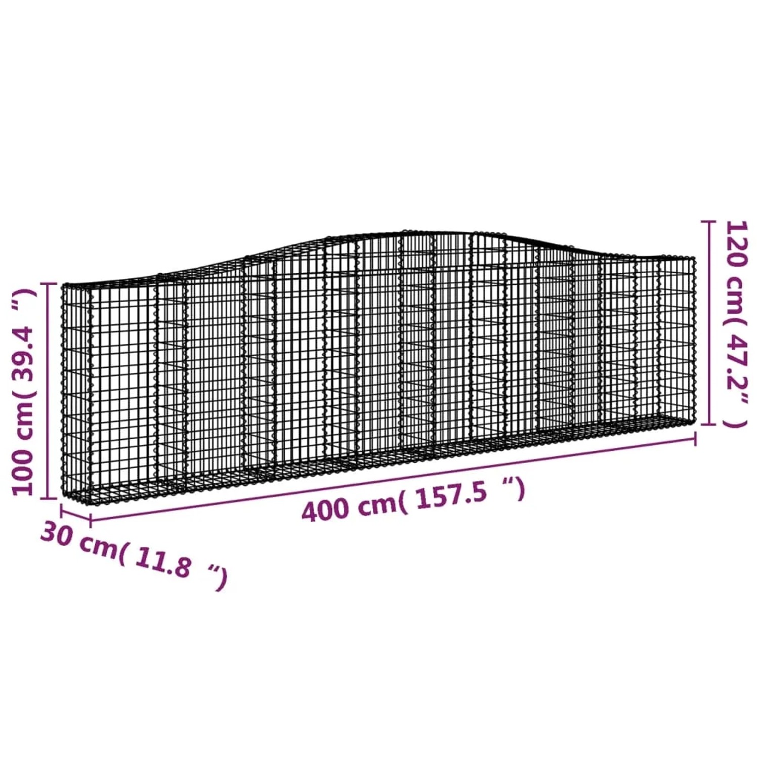 4er Set vidaXL Gabionen mit Hochbogen, 400x30x100/120cm, aus verzinktem Eisen.