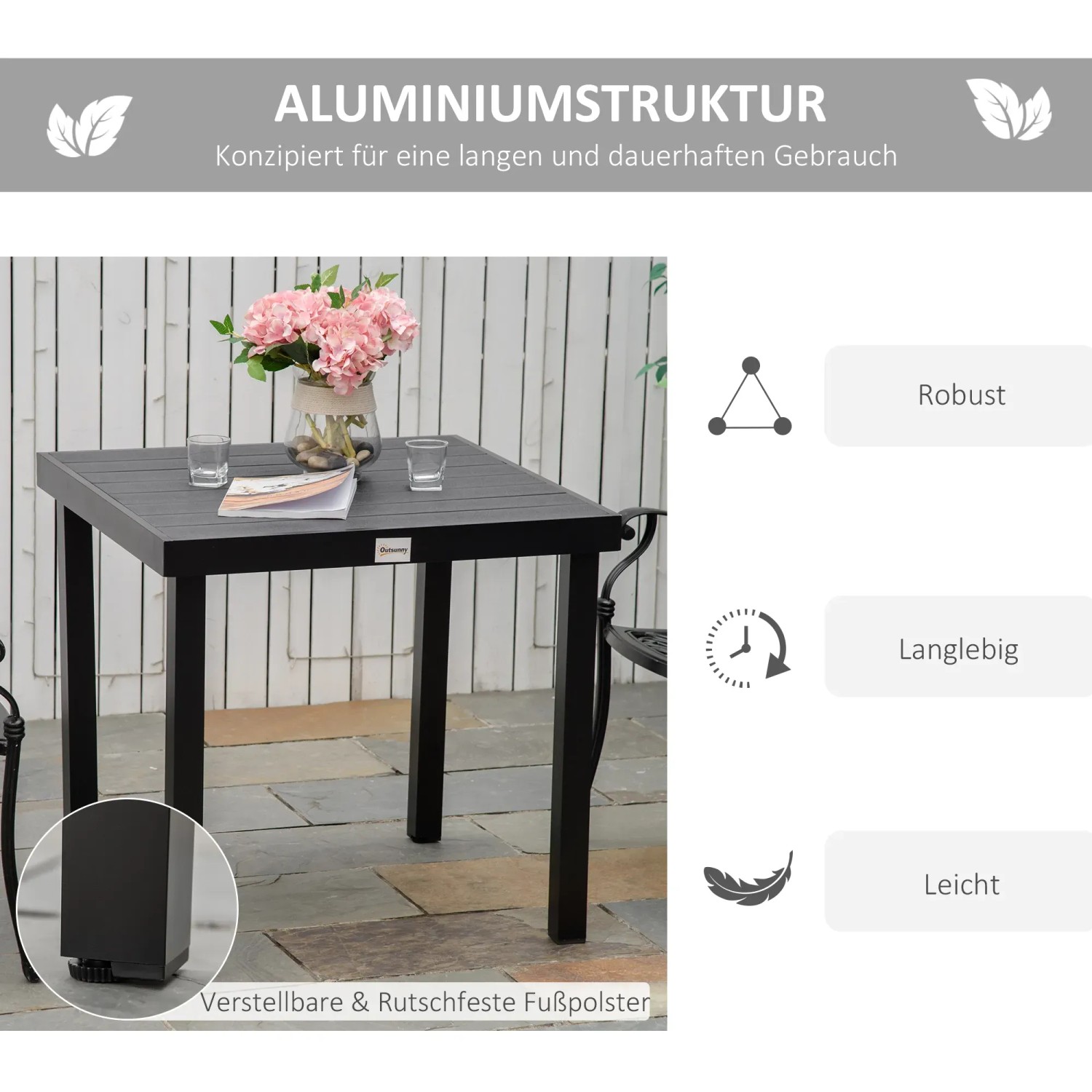 Outsunny Gartentisch für 4 Personen, quadratisch, mit Aluminiumgestell und rutschfesten Füßen.