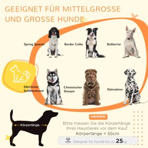 Infografik: Hundegrößen-Guide für Hundehütte. Rassen bis 25kg, Körperlänge < 55cm. Border Collie, Dalmatiner.