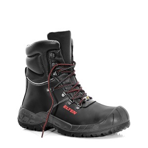 Schwarzer Elten Sicherheitsschnürstiefel Renzo S High ESD S3, Größe 43, aus Leder mit roter Schnürung.