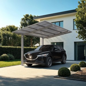 Ximax Carport Linea-80 im Edelstahl-Look mit Auto vor modernem Haus. Einzelcarport mit transparentem Dach.