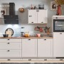 Moderne Küchenzeile in Kaschmirgrau matt, 260 cm breit, mit Geräten und Spüle. Inklusive Backofen und Kühlschrank.