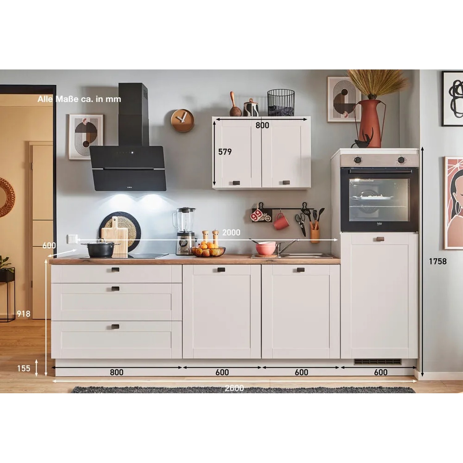 Moderne Küchenzeile in Kaschmirgrau matt, 260 cm breit, mit Geräten und Spüle. Inklusive Backofen und Kühlschrank.