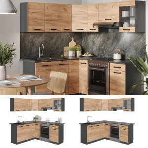 Vicco Eckküche Rick in Anthrazit/Eiche mit LED-Leisten, L-Form Küchenzeile.