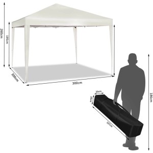 Beiger WOLTU Pop-Up Pavillon 3x3m, aufgebaut und in Tragetasche. Eine Person trägt die Tasche. Ideal für Sonnenschutz.