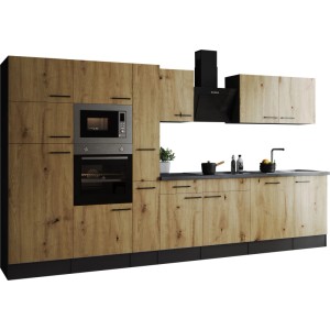 Respekta Küchenzeile Oliver 370 cm in Artisan Eiche mit E-Geräten und schwarzer Dunstabzugshaube.