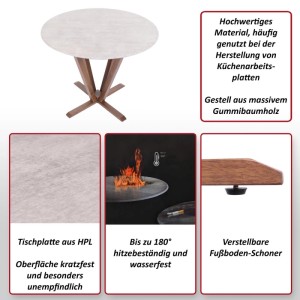 Runder Bistrotisch mit Beton-Optik HPL-Platte und braunem Massivholzgestell. Ideal für Garten & Balkon.