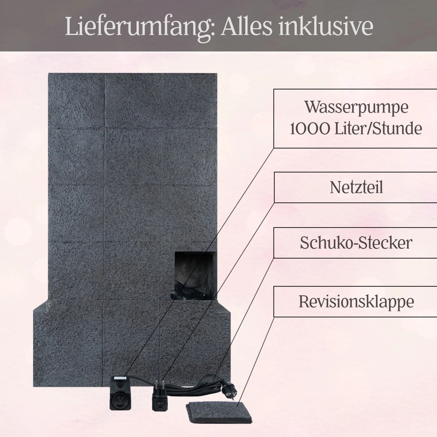 Intergarden Buddha Zimmerbrunnen 100cm: Lieferumfang mit Pumpe, Netzteil, Stecker und Revisionsklappe.