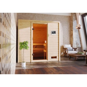 Karibu Sauna Adelina Set, naturbelassen, mit Ofen und Steuerung. Massivholzsauna für den Innenbereich.