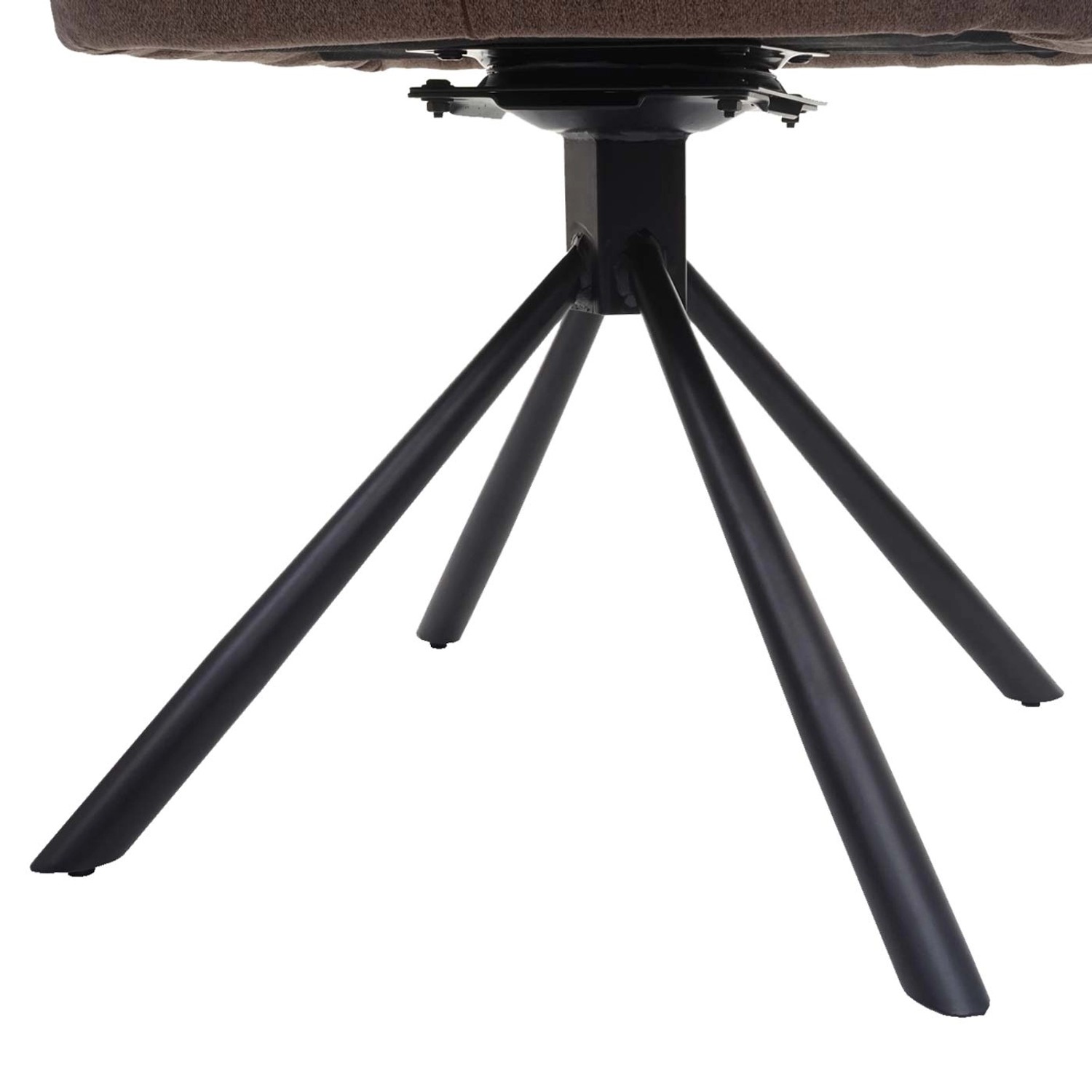 Detailaufnahme: Brauner MCW Esszimmerstuhl H71 mit drehbarem, schwarzem Stativgestell.