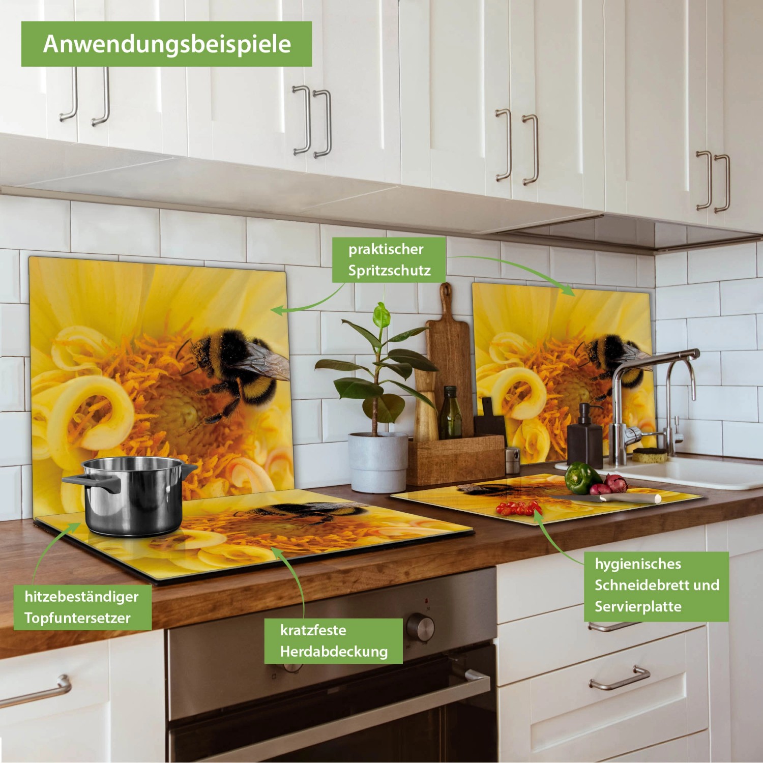 Banjado Herdabdeckplatte Glas mit Hummel-Motiv als Schneidebrett und Spritzschutz, 60x52 cm.