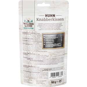 Wildes Land Knabberkissen Huhn, 50g Packung Katzenleckerli mit knuspriger Hülle und cremiger Füllung.