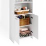 Weißer Vicco Badschrank Maris (56x190cm) mit offenen Fächern und Badutensilien.