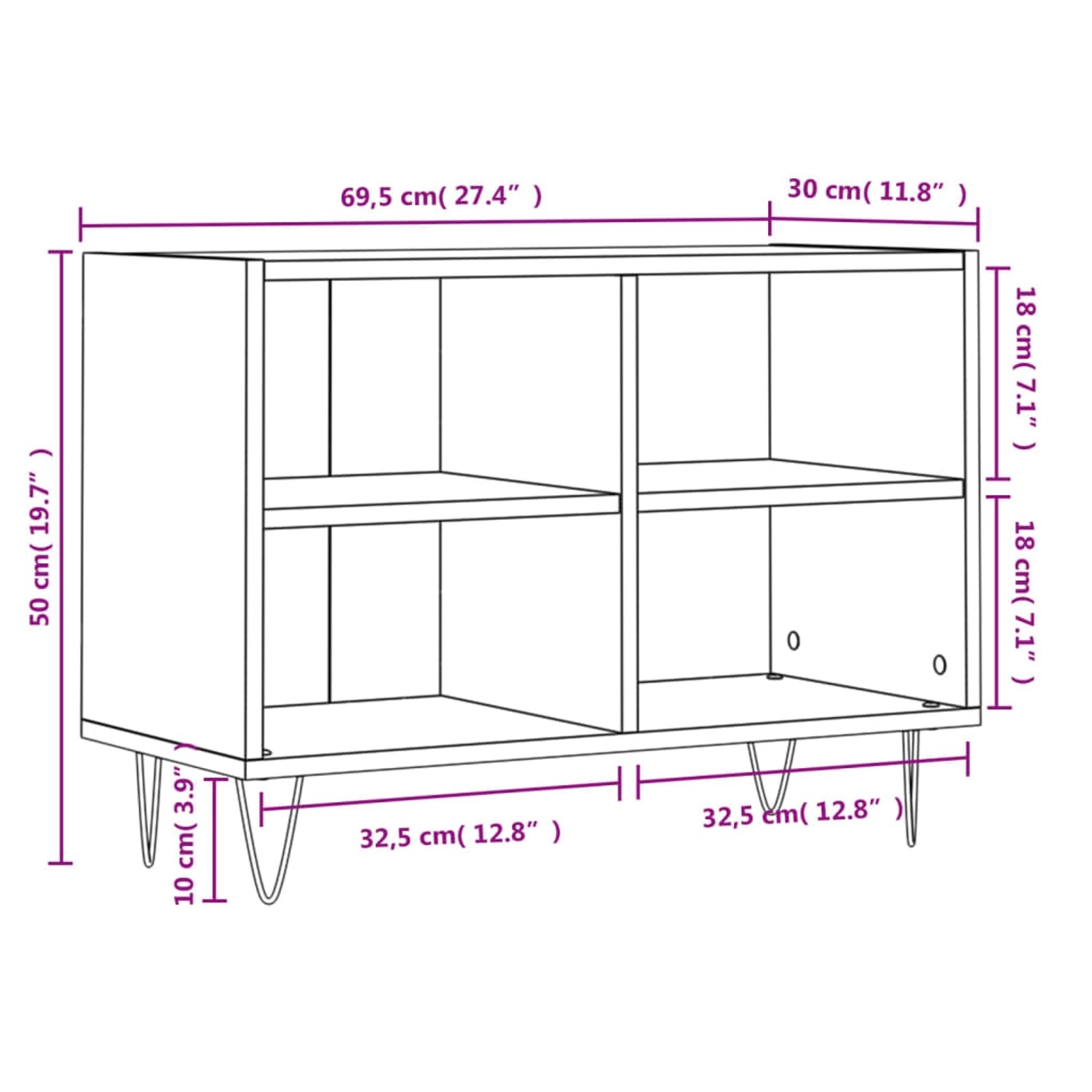 VidaXL TV-Schrank, schwarz, 69,5x30x50 cm, Holzwerkstoff, mit 4 Fächern und Metallbeinen.