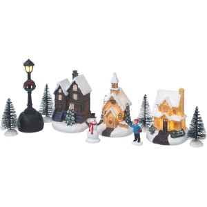 Beleuchtetes LED-Weihnachtsdorf Winter mit Häusern, Laterne, Schneemann und Tannenbäumen.