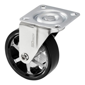 Schwarze SOTECH Lenkrolle RAPID Ø75mm, 35kg belastbar. Möbelrolle mit verzinktem Stahlgehäuse und Polyurethan-Rad.