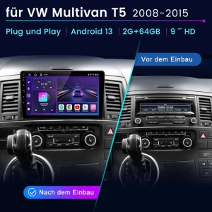Junsun Autoradio für VW T5 Multivan: Armaturenbrett mit altem Radio und neuem 9-Zoll Android Touchscreen im Vergleich.