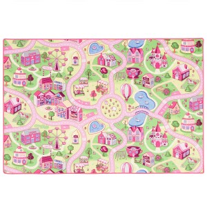 Rosa Spielteppich mit Dorfmotiv für Mädchen, 80x160cm. Kinderteppich mit Straßen, Häusern und Details.