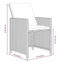 Skizze eines schwarzen Rattan Gartenstuhls mit cremefarbenen Kissen und Maßangaben.