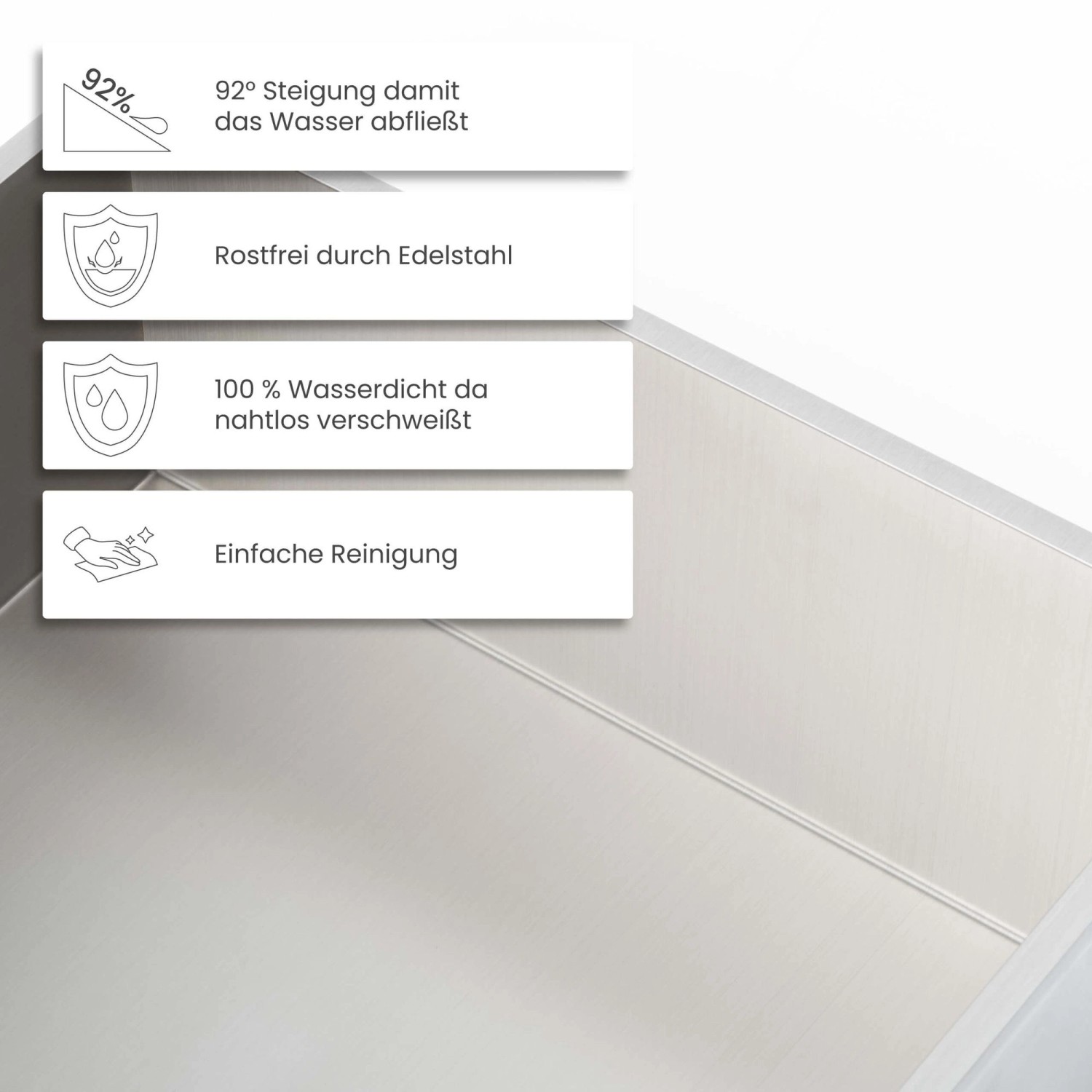 Detailaufnahme: Silberne Dalsys Wandnische aus Edelstahl, wasserdicht und leicht zu reinigen.