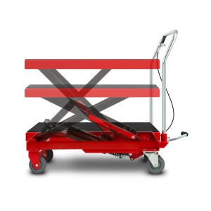EBERTH hydraulischer Hubtisch mit 150 kg Traglast, rot, mit Rädern und Griff. Hubhöhe variabel.