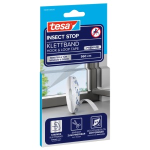 tesa Insect Stop Klettband Premium, 560 cm, weiß, zur Befestigung von Fliegengittern an Fenster & Tür.