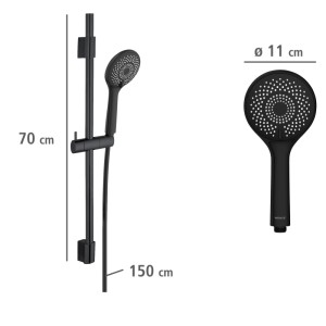 Wenko Brauseset Watersaving Schwarz: 70 cm Duschstange, 150 cm Schlauch, 11 cm Handbrause. Modernes Duschset.