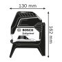 Abbildung des Bosch Professional GCL 2-15 Kreuzlinienlaser mit Maßangaben 130x162mm.