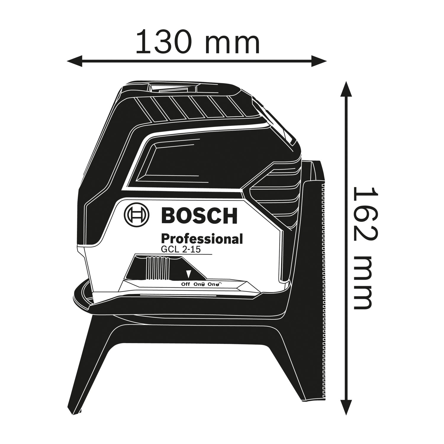 Abbildung des Bosch Professional GCL 2-15 Kreuzlinienlaser mit Maßangaben 130x162mm.