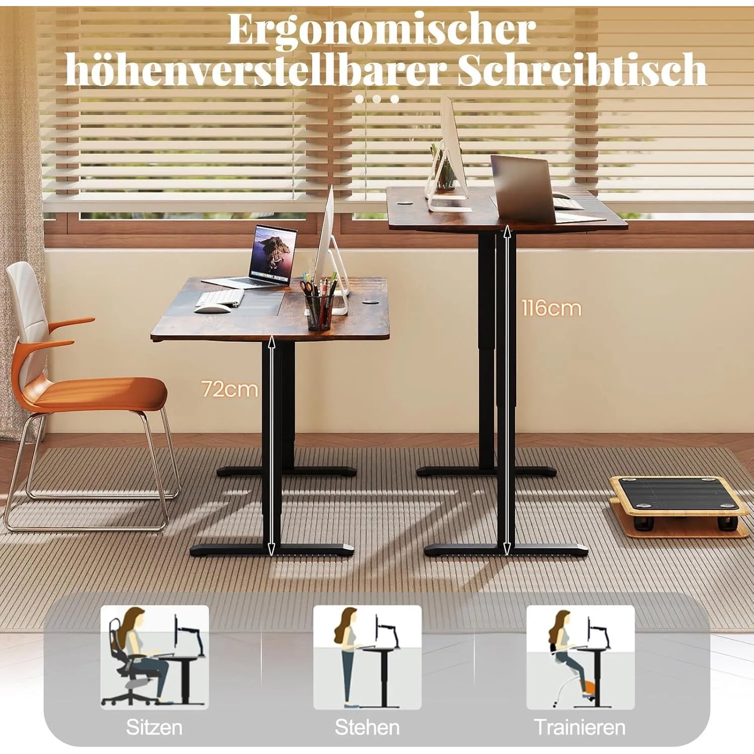 Brauner, elektrisch höhenverstellbarer Schreibtisch (140x70cm) in Sitz- und Stehposition für ergonomisches Arbeiten.