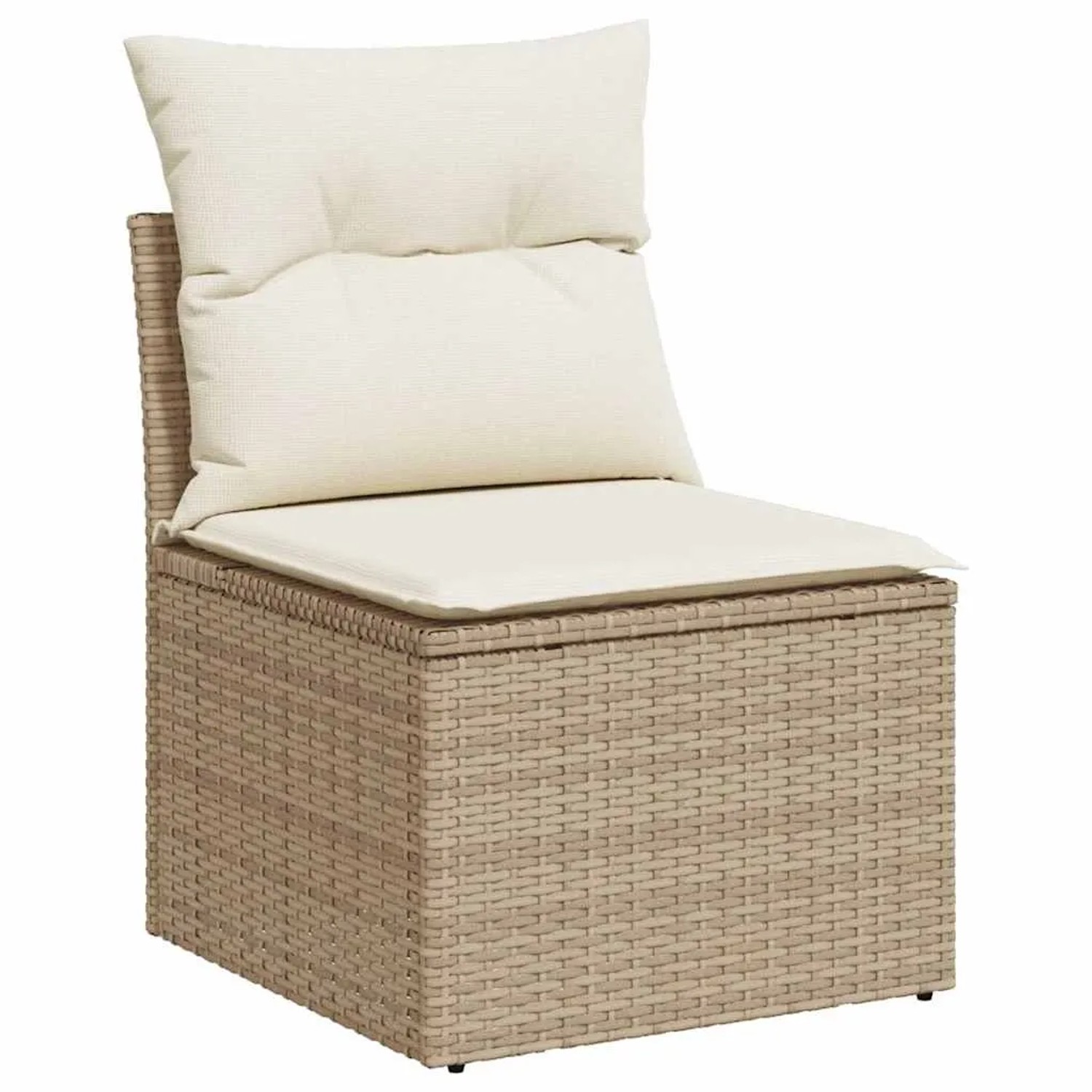 Beige Garten-Sofagarnitur: Rattan Ecksofa mit cremefarbenen Kissen und Stauraum.