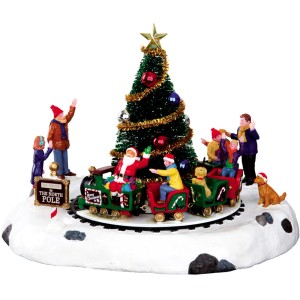 Weihnachtsdekoration: Santas kleine Eisenbahn mit Weihnachtsbaum und Figuren.