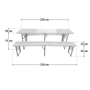Klappbare Bierzeltgarnitur aus Holz mit Metallgestell. Tisch 220x50 cm, Bank 220x25 cm. Ideal für Garten & Feste.
