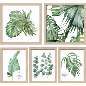 5er-Set gerahmte Bilder mit Pflanzenmotiven, 54x54 cm, moderne Wanddeko für Wohnräume.