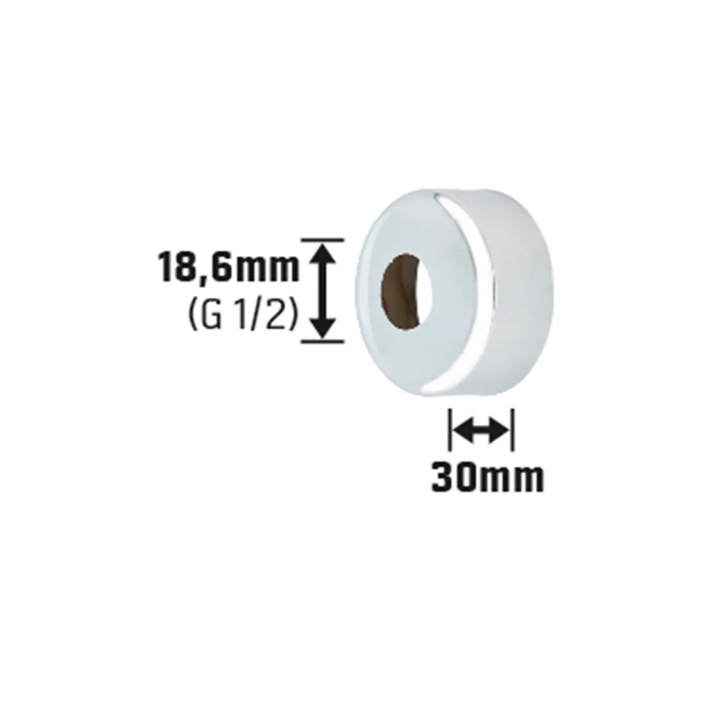 Verchromte Messing-Rosette, 18,6 x 30 mm, zur Abdeckung von Wanddurchbrüchen.