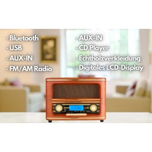 Cyberlux Nostalgieradio im Retro-Design mit CD, MP3, USB und Bluetooth. Kompaktes Haushaltsgerät.