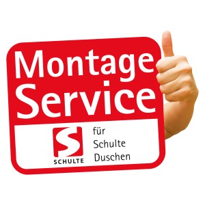 Rotes Schild "Montageservice" für Schulte Duschen, Daumen hoch.