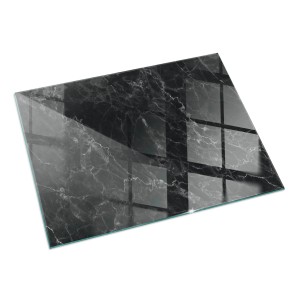 Rechteckige, schwarze Glasbodenplatte mit Marmormuster für Kaminöfen, 60x40 cm.