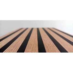 Detailaufnahme der Akustikpaneel-Optik des Schildmeyer Regal Katta in Holz und Schwarz.
