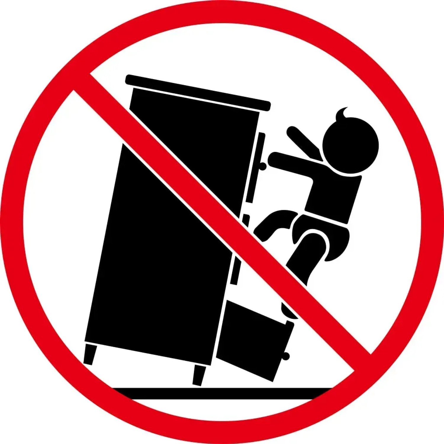 Symbol: Möbelstück kippt, Kind klettert hoch. Warnhinweis zur Kippsicherung.