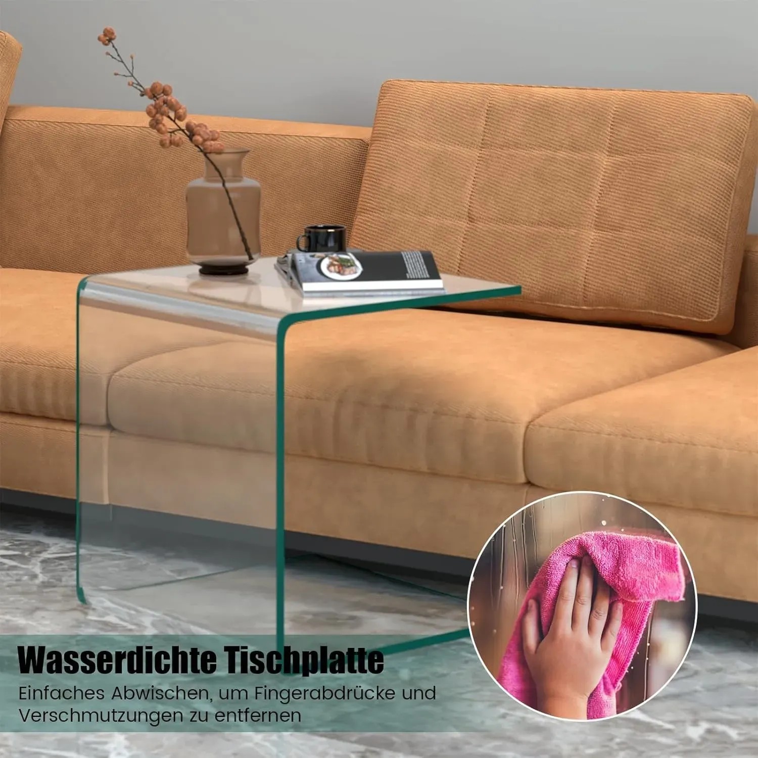 Moderner, U-förmiger COSTWAY Beistelltisch aus Glas, ideal als Nachttisch oder Bürotisch.